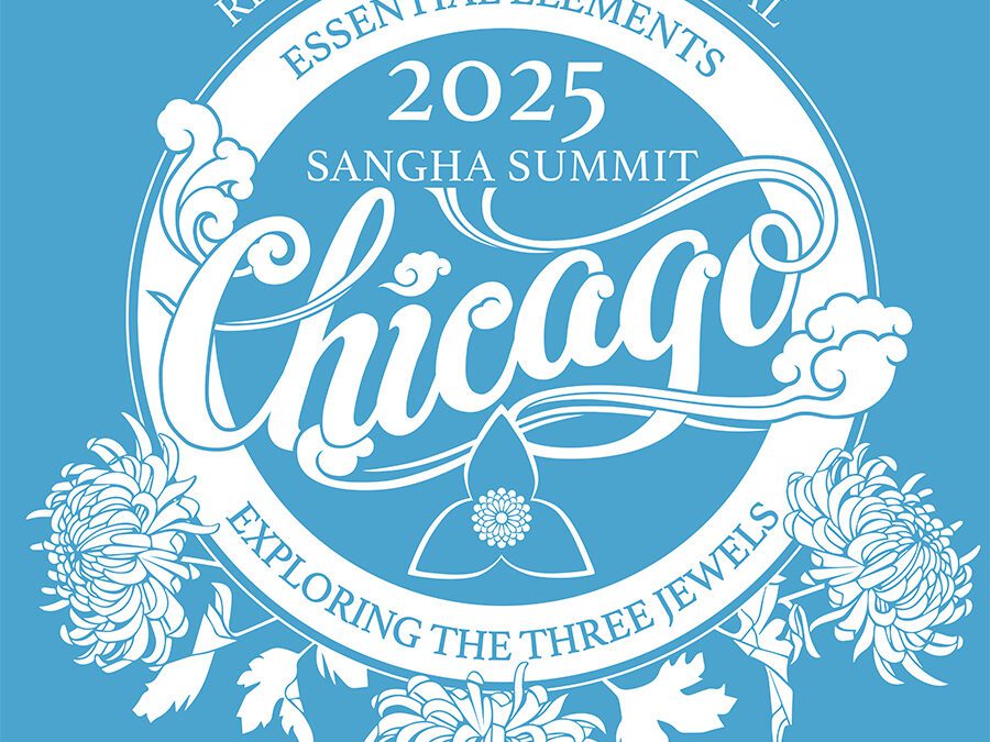 Logo for the 2025 Summit in Chicago, Illinois, USA. Wind-inspired Chicago lettering and chrysanthemum flowers, with the words: Recovery Dharma Global, 2025 Sangha Summit, Chicago, Essential Elements: Exploring the Three Jewels.