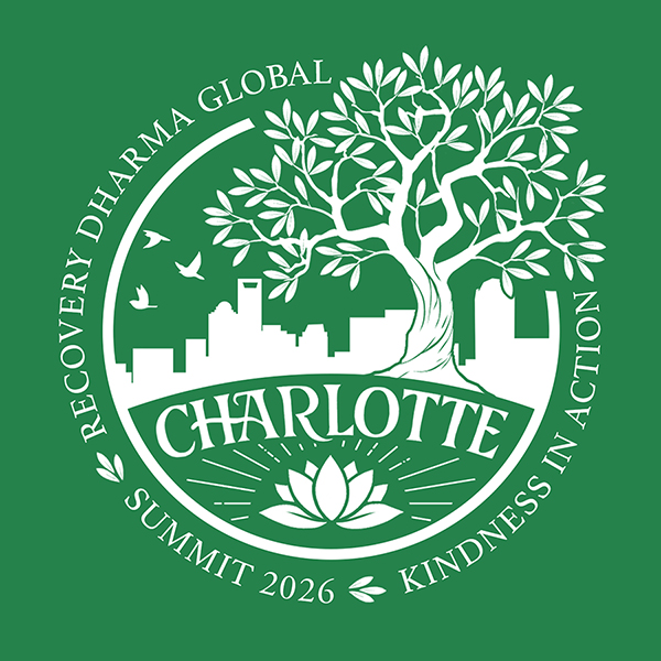 Logo for the 2026 Summit. A large tree with three birds, the Charlotte city skyline, a lotus, and the words: Charlotte, Recovery Dharma Global, Summit 2026, Kindness in Action.